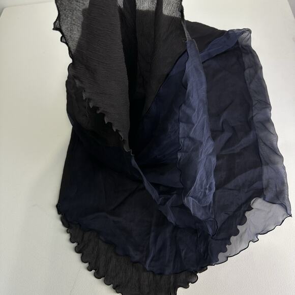 etro Italy 100% silk solid blue black crinkle Ruffle Hem scarf - Picture 8 of 16